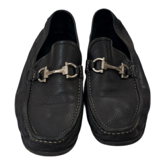 Salvatore Ferragamo men’s black leather loafers with silver buckle